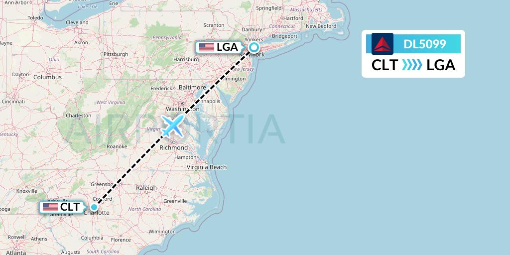 DL5099 Delta Air Lines Flight Map: Charlotte to New York