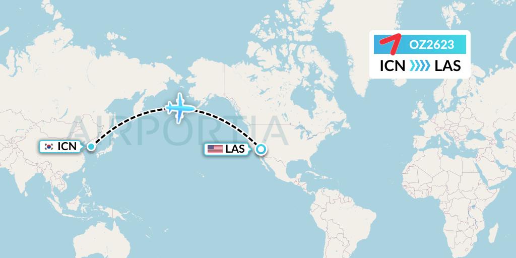 OZ2623 Asiana Airlines Flight Map: Seoul to Las Vegas