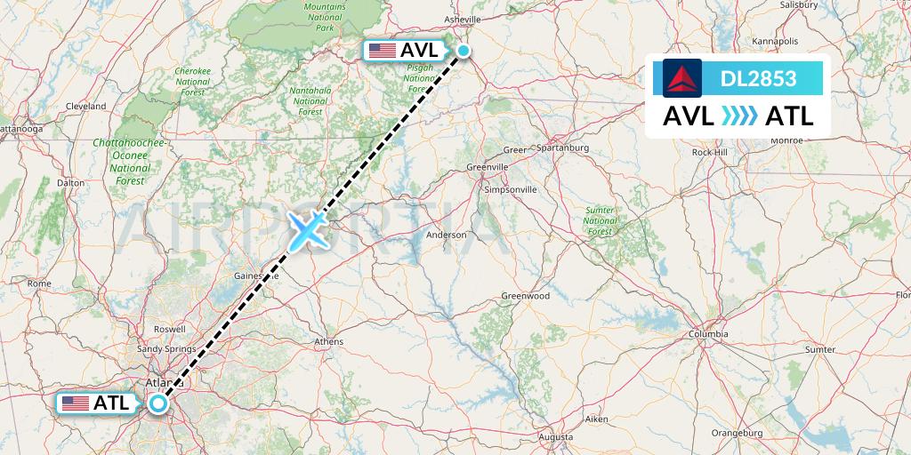 DL2853 Delta Air Lines Flight Map: Asheville to Atlanta