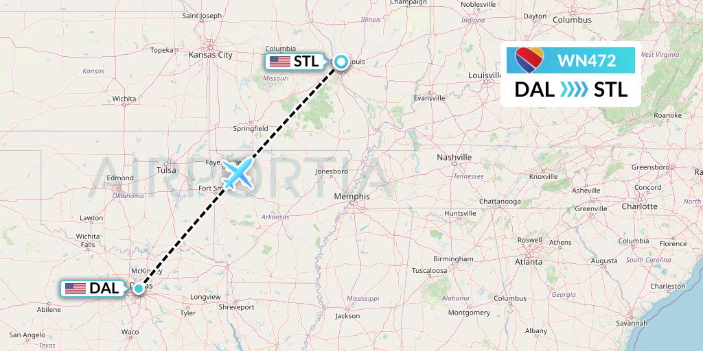 WN472 Southwest Airlines Flight Map: Dallas to St. Louis