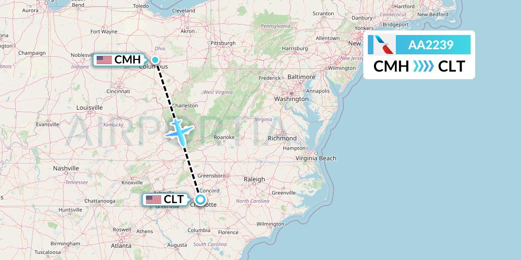 AA2239 American Airlines Flight Map: Columbus to Charlotte