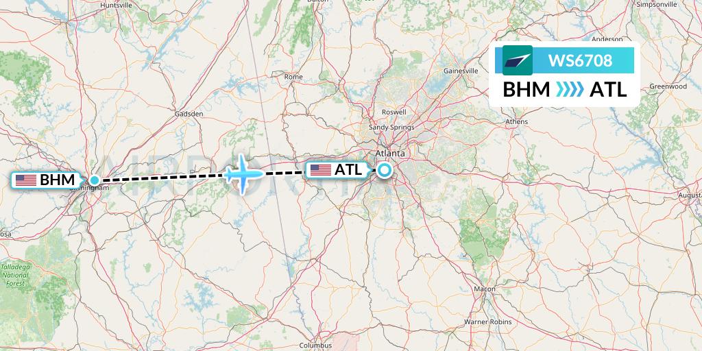WS6708 WestJet Flight Map: Birmingham to Atlanta