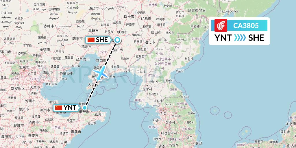 CA3805 Air China Flight Map: Yantai to Shenyang