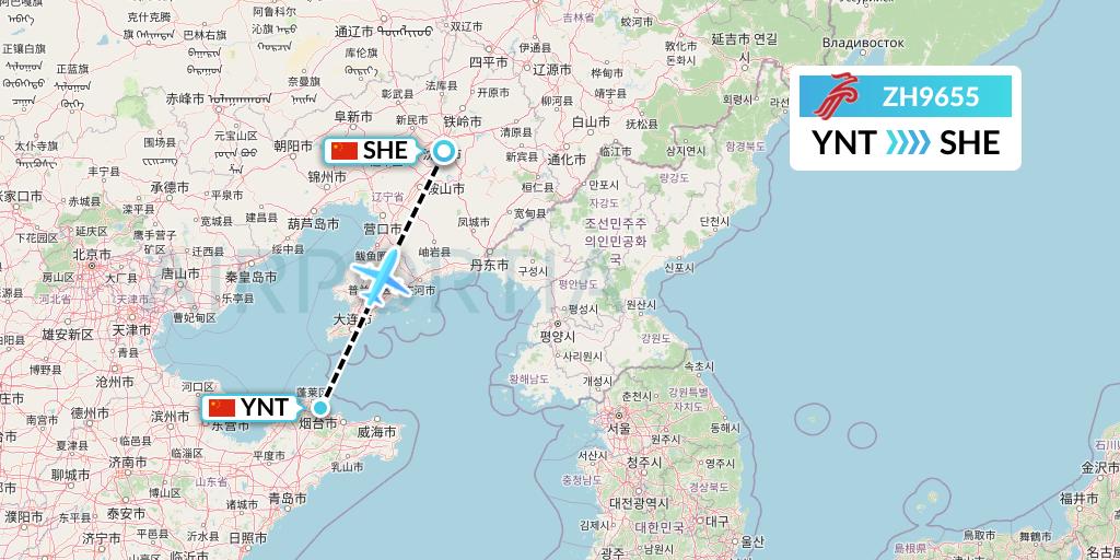 ZH9655 Shenzhen Airlines Flight Map: Yantai to Shenyang