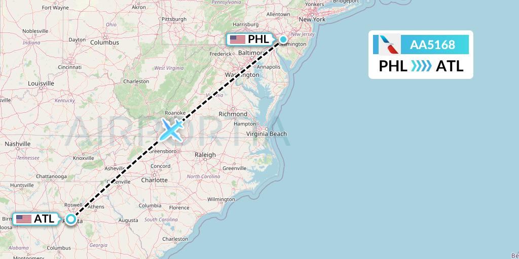 AA5168 American Airlines Flight Map: Philadelphia to Atlanta