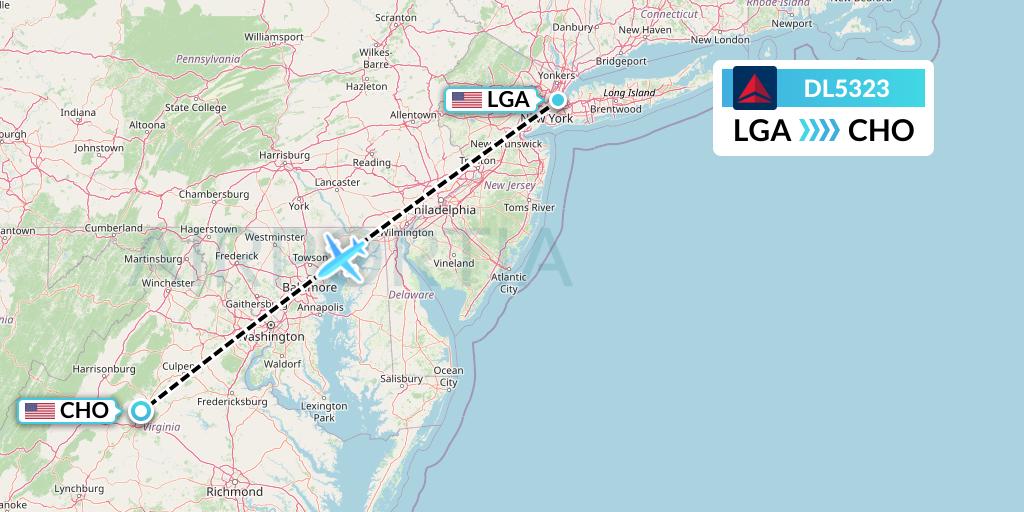 DL5323 Delta Air Lines Flight Map: New York to Charlottesville