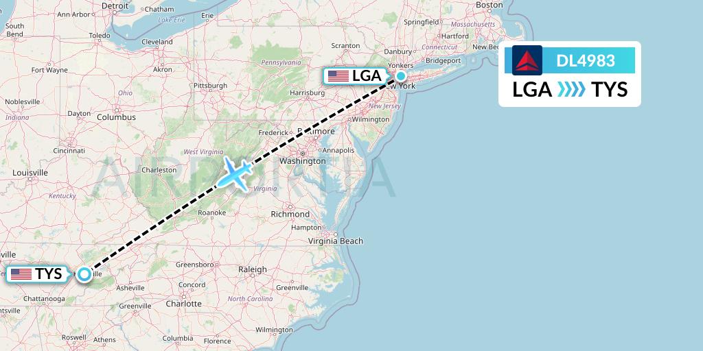 DL4983 Delta Air Lines Flight Map: New York to Knoxville