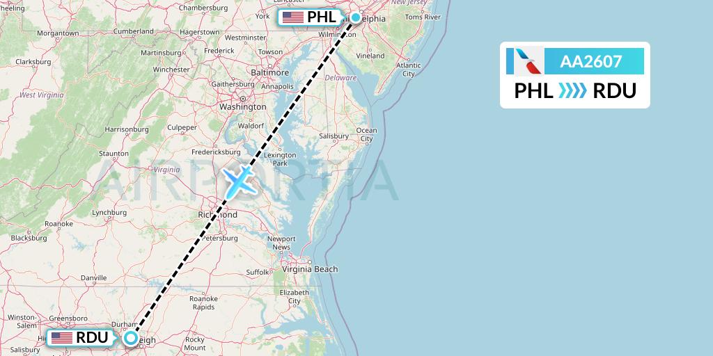 AA2607 American Airlines Flight Map: Philadelphia to Raleigh-Durham