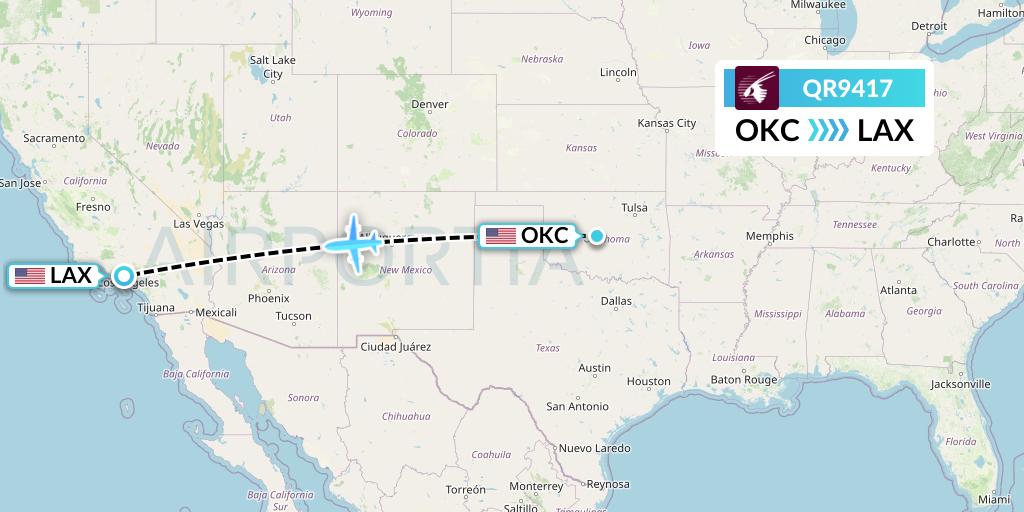 QR9417 Qatar Airways Flight Map: Oklahoma City to Los Angeles