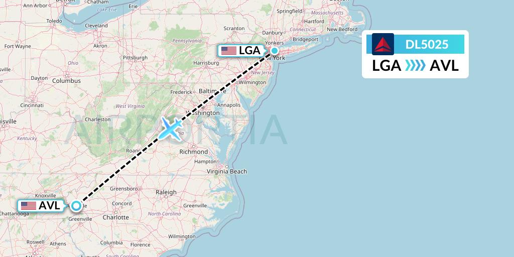 DL5025 Delta Air Lines Flight Map: New York to Asheville