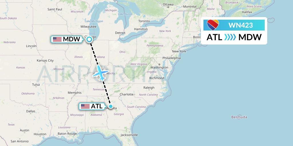 WN423 Southwest Airlines Flight Map: Atlanta to Chicago