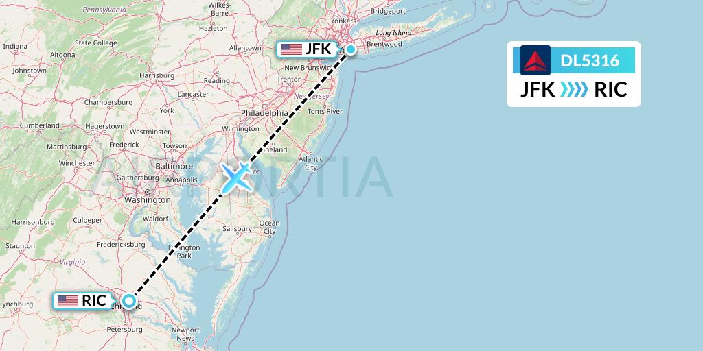 DL5316 Delta Air Lines Flight Map: New York to Richmond