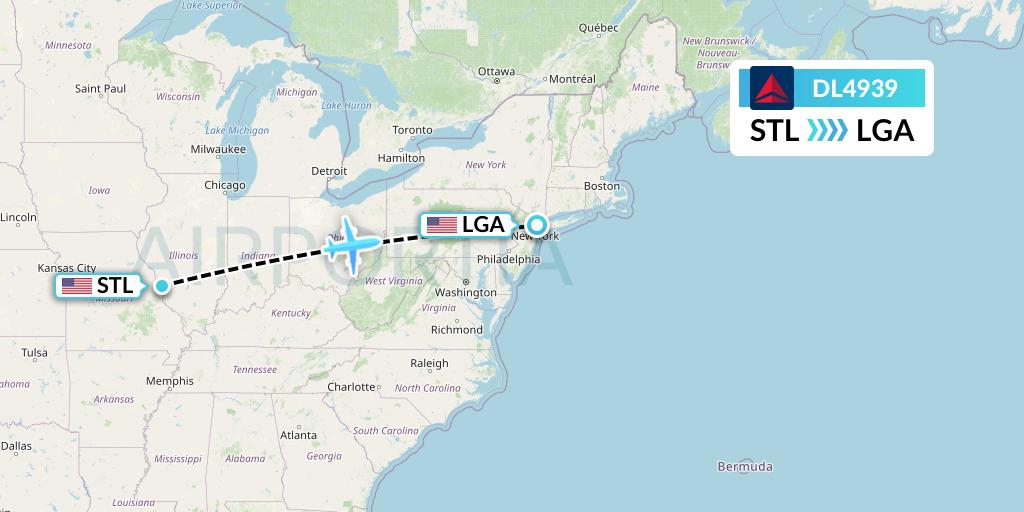 DL4939 Delta Air Lines Flight Map: St. Louis to New York