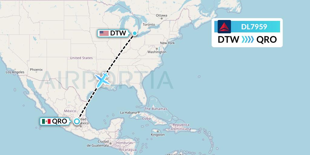 DL7959 Delta Air Lines Flight Map: Detroit to Queretaro