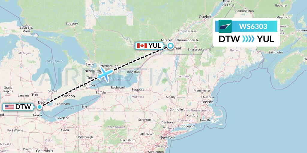 WS6303 WestJet Flight Map: Detroit to Montreal