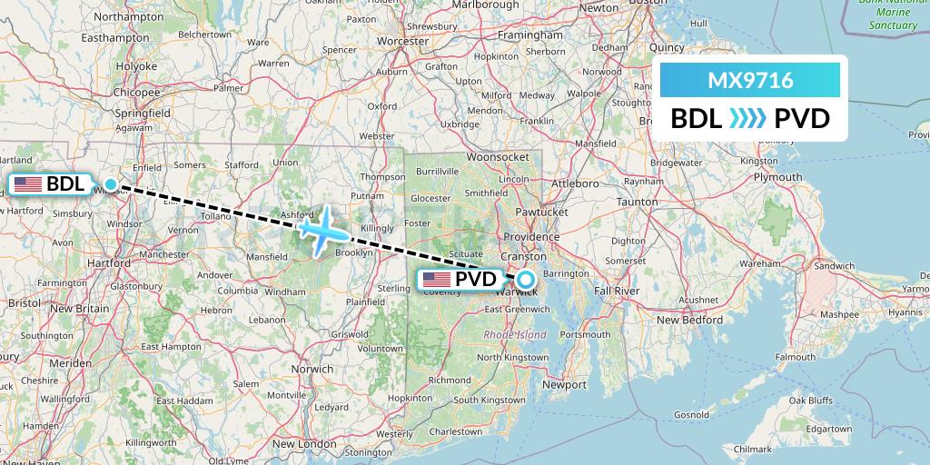 MX9716 Breeze Airways Flight Map: Windsor Locks to Providence
