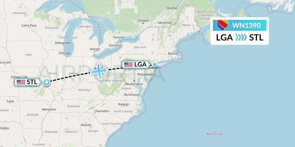 WN1390 Southwest Airlines Flight Map: New York to St. Louis