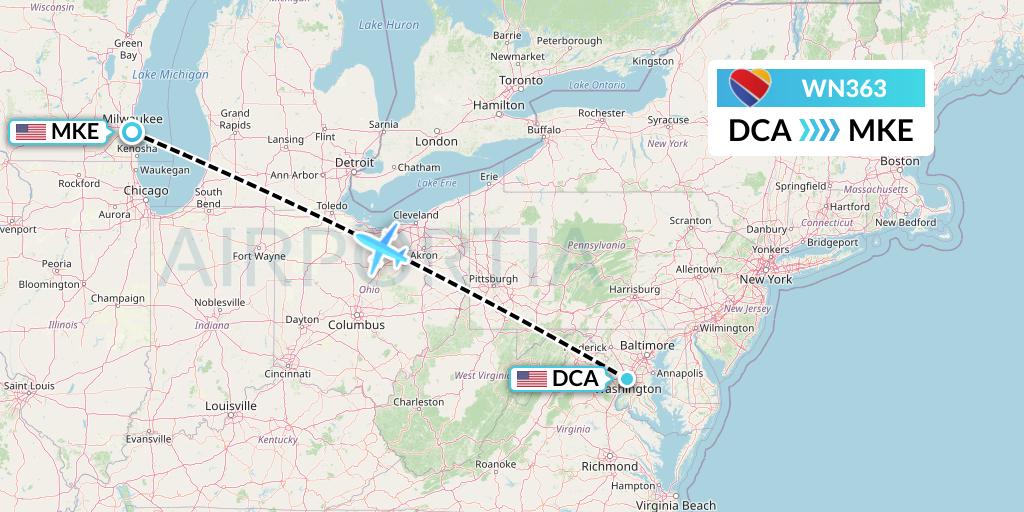 WN363 Southwest Airlines Flight Map: Washington to Milwaukee