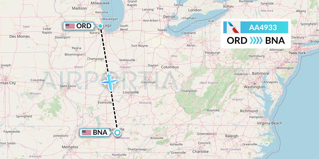 AA4933 American Airlines Flight Map: Chicago to Nashville