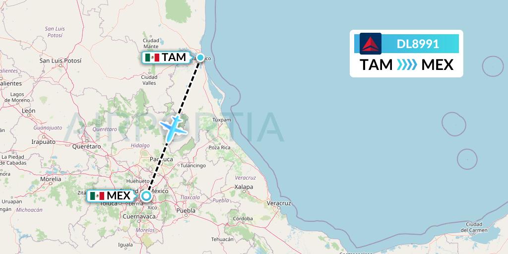 DL8991 Delta Air Lines Flight Map: Tampico to Mexico City