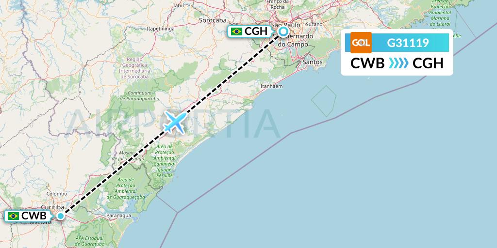G31119 GOL Transportes Aeros Flight Map: Curitiba to Sao Paulo