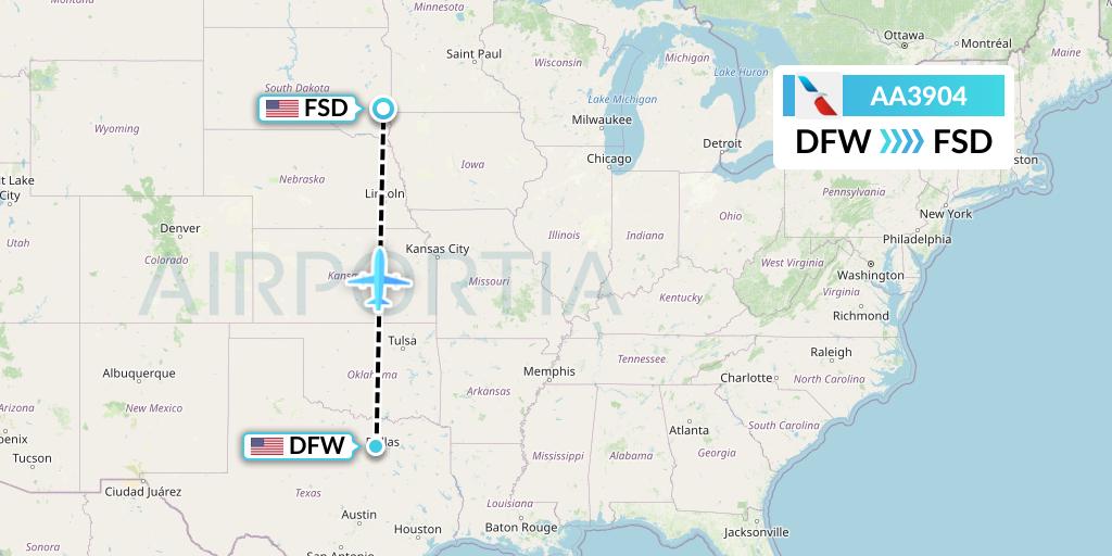 AA3904 American Airlines Flight Map: Dallas to Sioux Falls
