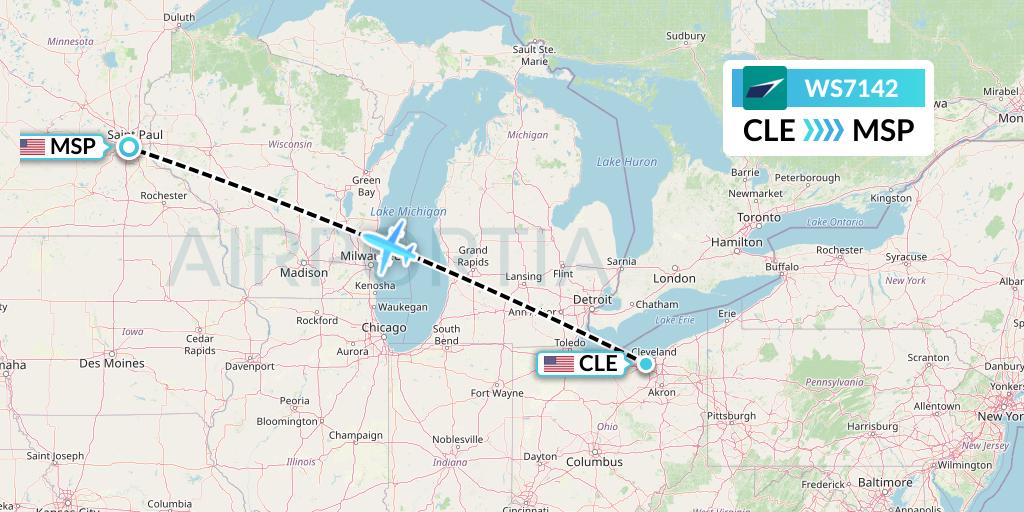 WS7142 WestJet Flight Map: Cleveland to Minneapolis