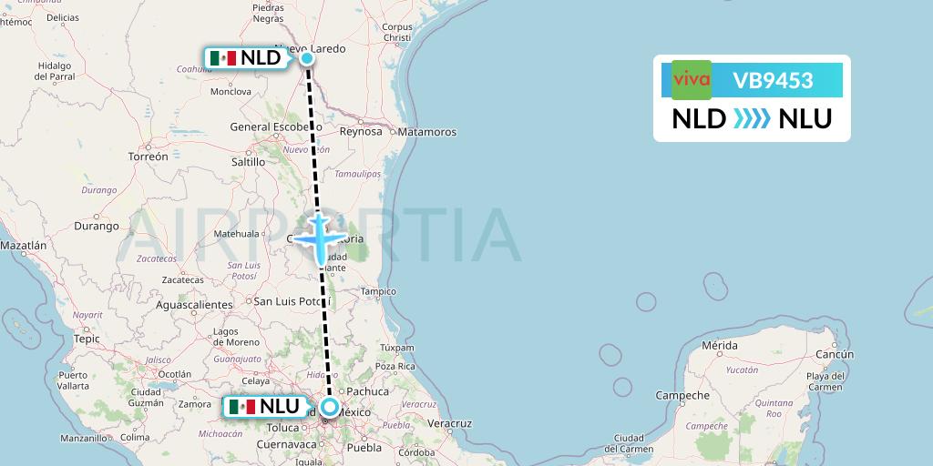 VB9453 VivaAerobus Flight Map: Nuevo Laredo to Reyes Acozac
