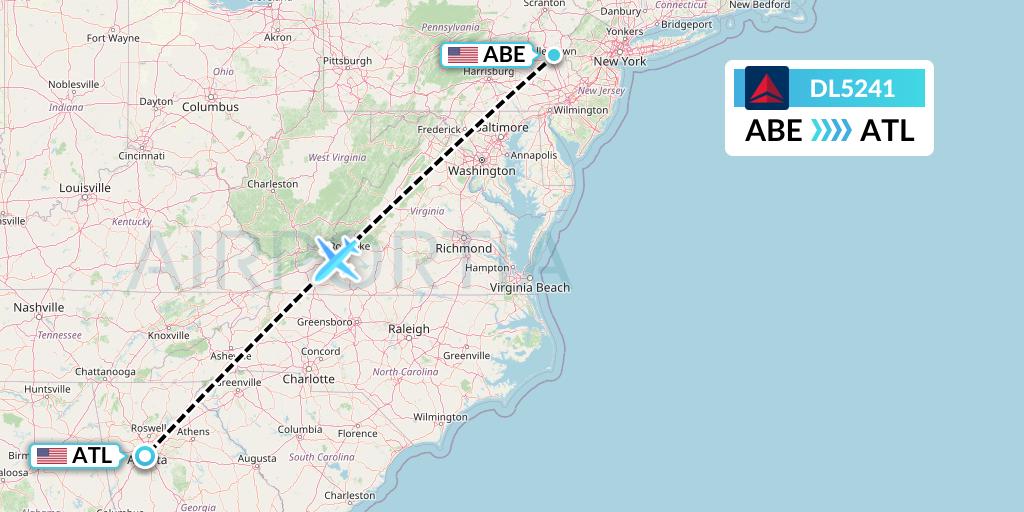 DL5241 Delta Air Lines Flight Map: Allentown to Atlanta