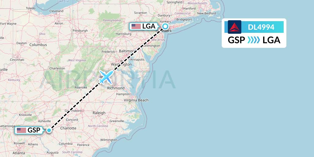 DL4994 Delta Air Lines Flight Map: Greenville-Spartanburg to New York
