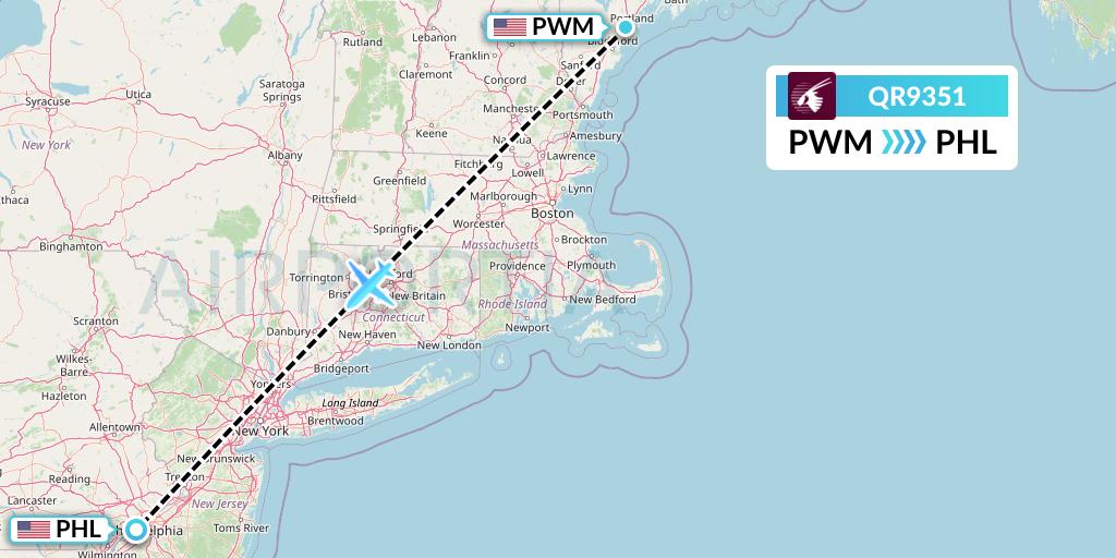 QR9351 Qatar Airways Flight Map: Portland to Philadelphia