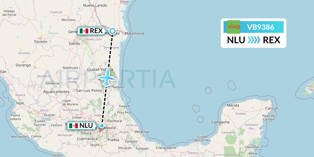 VB9386 VivaAerobus Flight Map: Reyes Acozac to Reynosa