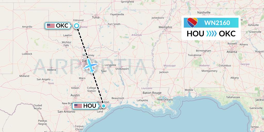 WN2160 Southwest Airlines Flight Map: Houston to Oklahoma City