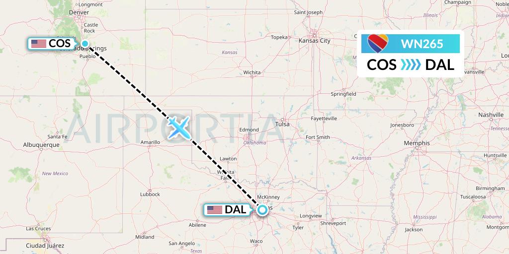WN265 Southwest Airlines Flight Map: Colorado Springs to Dallas