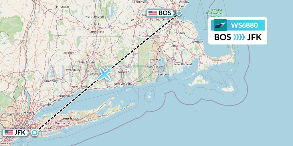 WS6880 WestJet Flight Map: Boston to New York