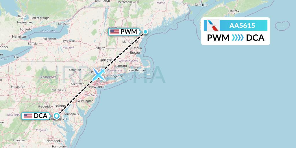 AA5615 American Airlines Flight Map: Portland to Washington