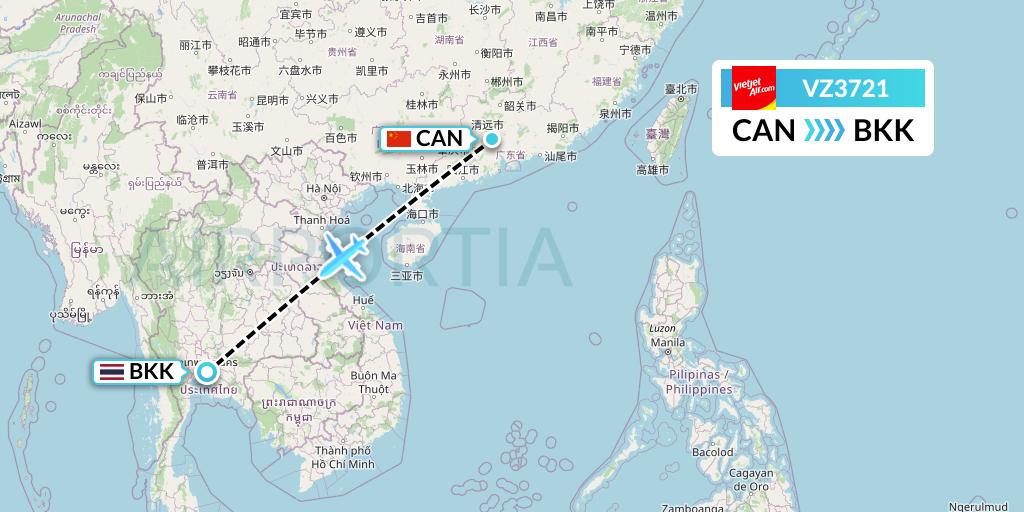 VZ3721 Thai Vietjet Air Flight Map: Guangzhou to Bangkok