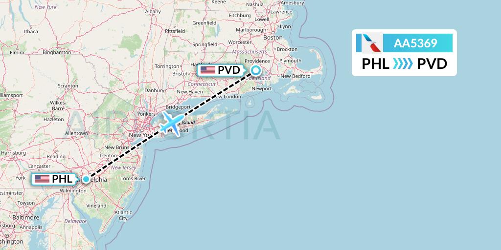 AA5369 American Airlines Flight Map: Philadelphia to Providence