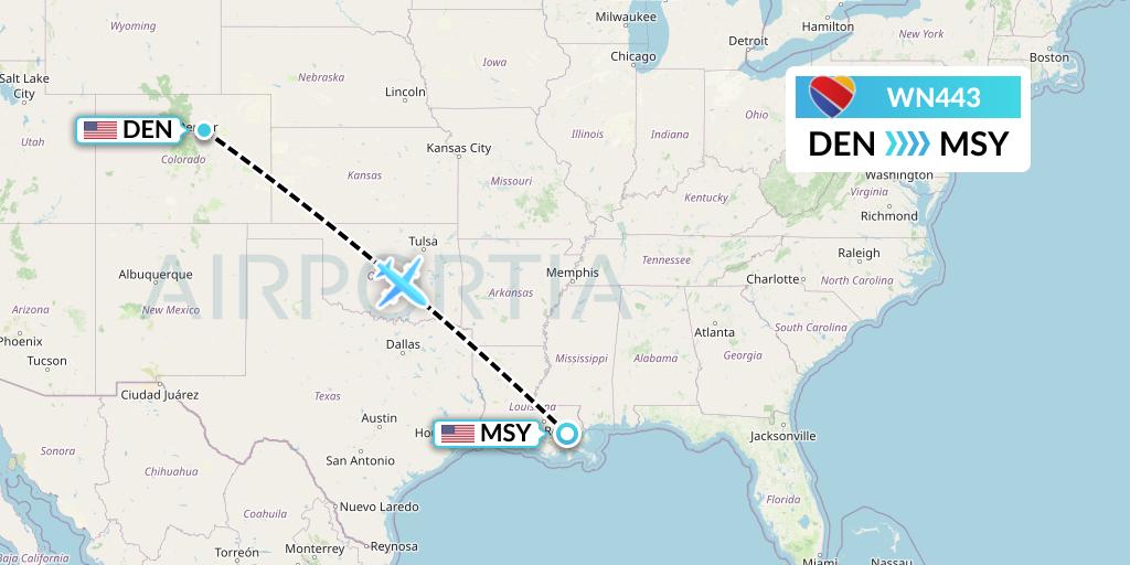 WN443 Southwest Airlines Flight Map: Denver to New Orleans