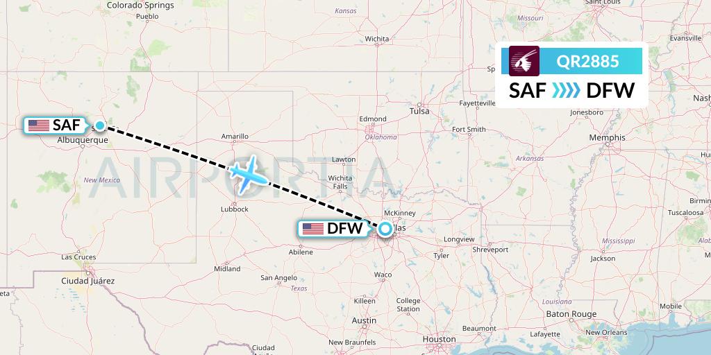 QR2885 Qatar Airways Flight Map: Santa Fe to Dallas