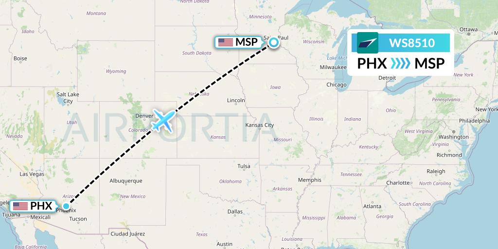 WS8510 WestJet Flight Map: Phoenix to Minneapolis