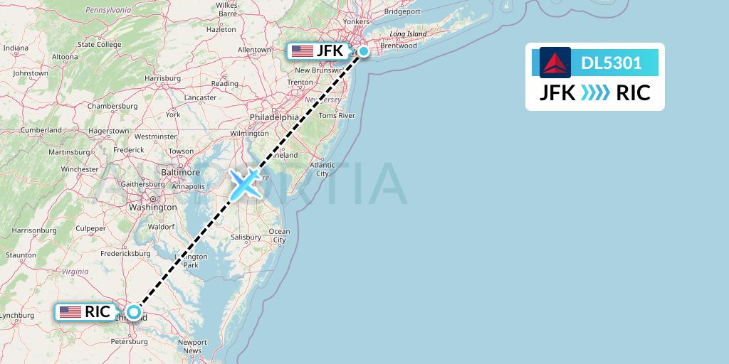DL5301 Delta Air Lines Flight Map: New York to Richmond