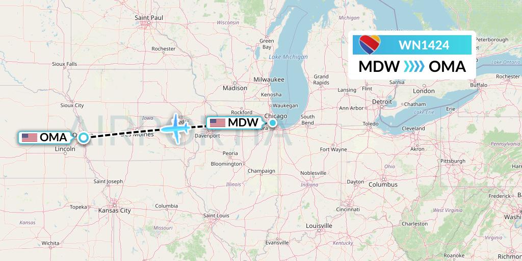 WN1424 Southwest Airlines Flight Map: Chicago to Omaha
