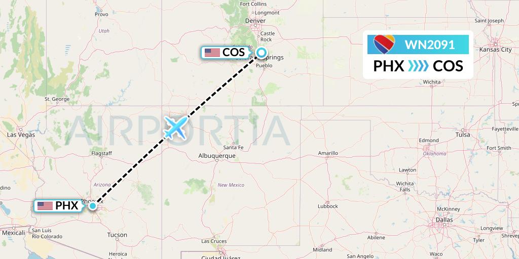WN2091 Southwest Airlines Flight Map: Phoenix to Colorado Springs