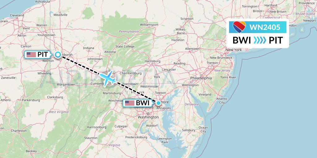 WN2405 Southwest Airlines Flight Map: Baltimore to Pittsburgh