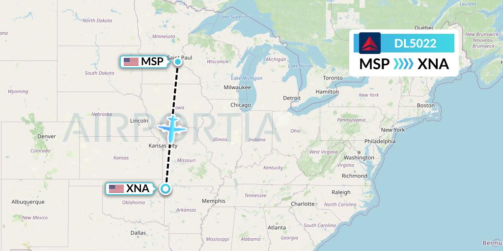 DL5022 Delta Air Lines Flight Map: Minneapolis to Bentonville