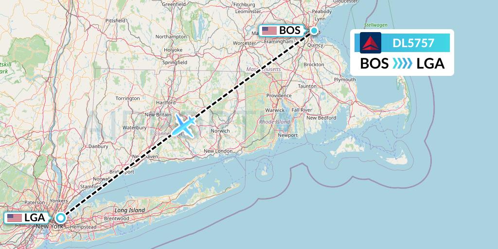 DL5757 Delta Air Lines Flight Map: Boston to New York