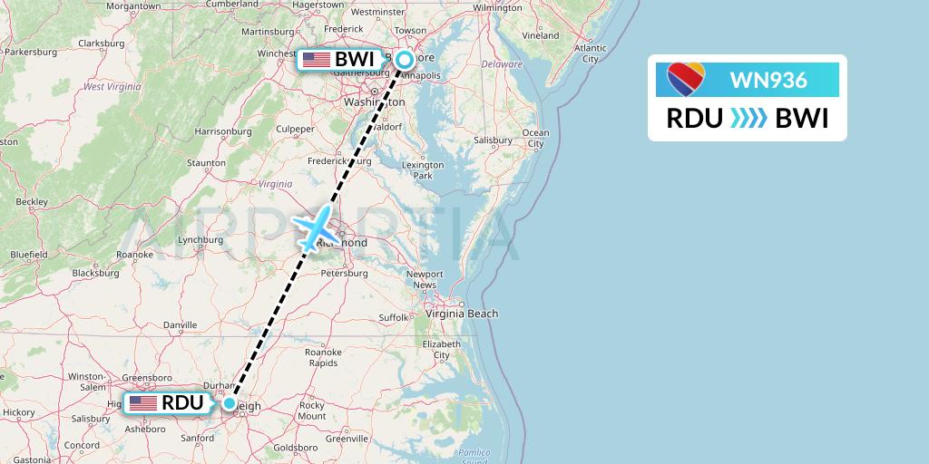 WN936 Southwest Airlines Flight Map: Raleigh-Durham to Baltimore