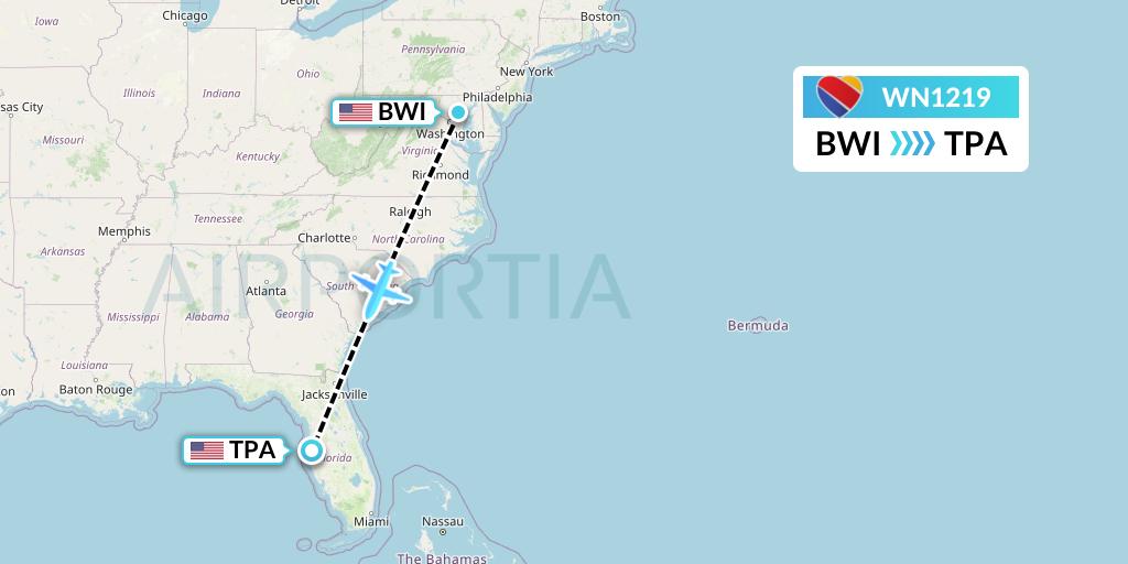 WN1219 Southwest Airlines Flight Map: Baltimore to Tampa