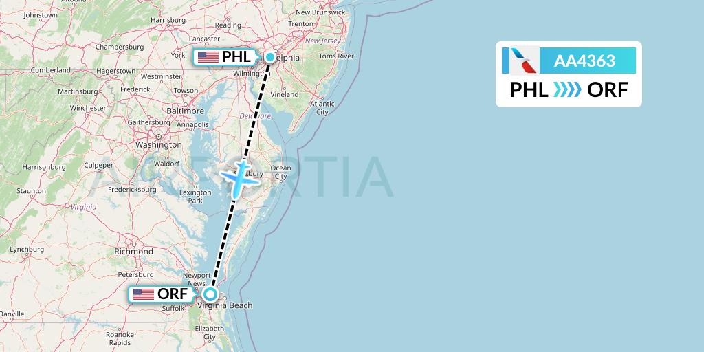 AA4363 American Airlines Flight Map: Philadelphia to Norfolk